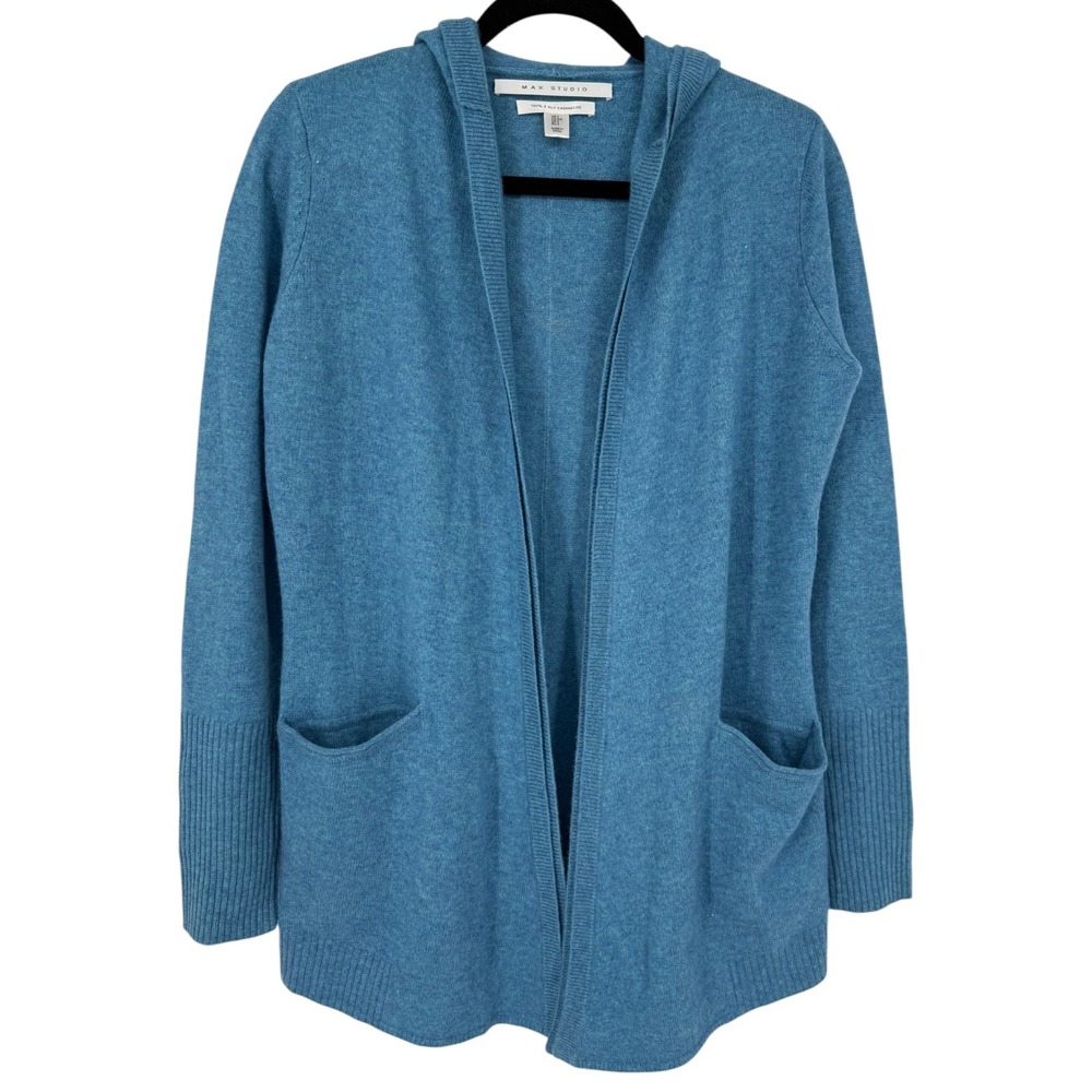 Max Studio Women's 2 Ply Cashmere Open Front Hooded Cardigan Sweater Size Small